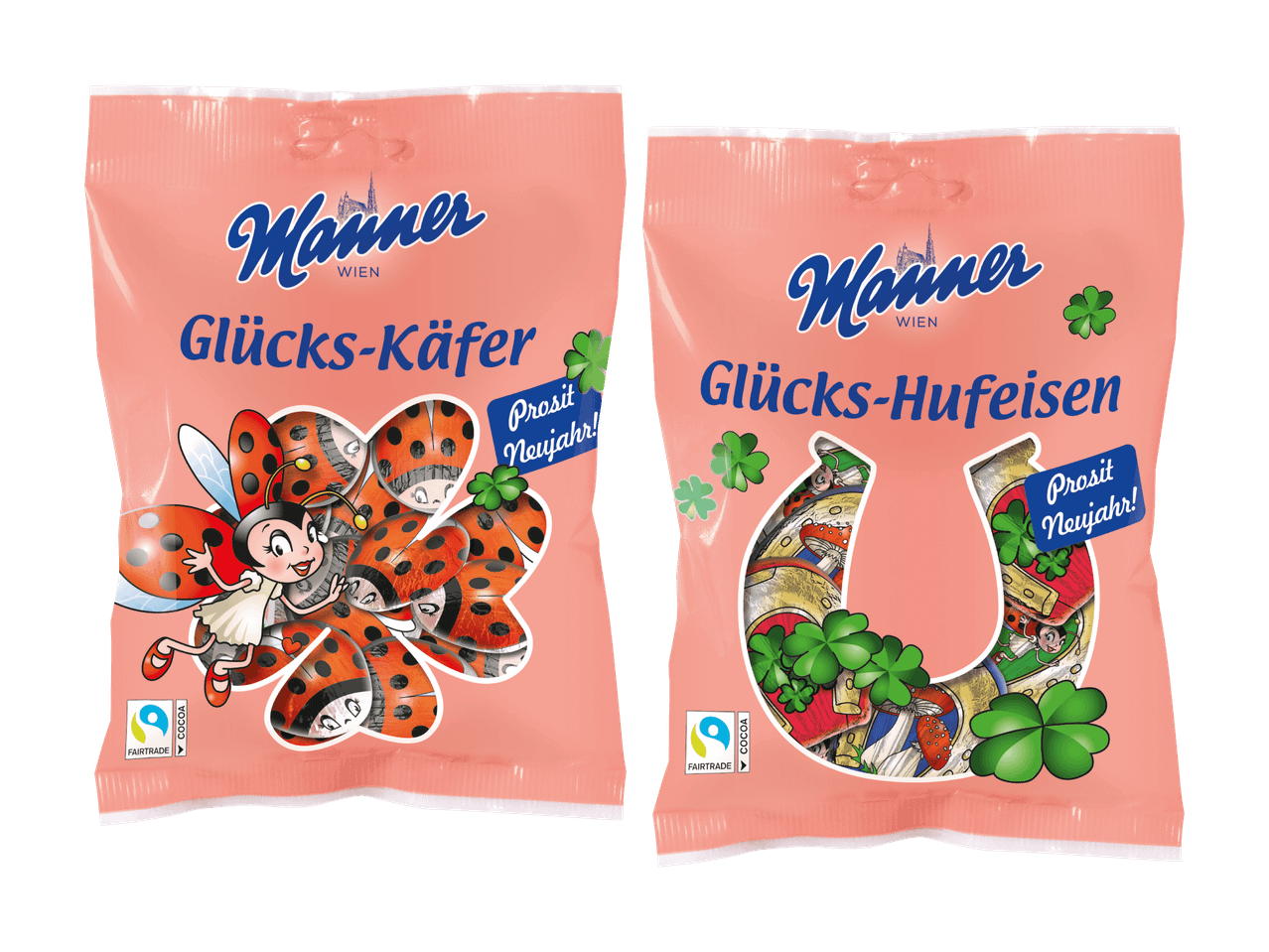 Manner Glücks-Käfer und Glücks-Hufeisen Schokoladenpackungen mit Neujahrsgrüßen.