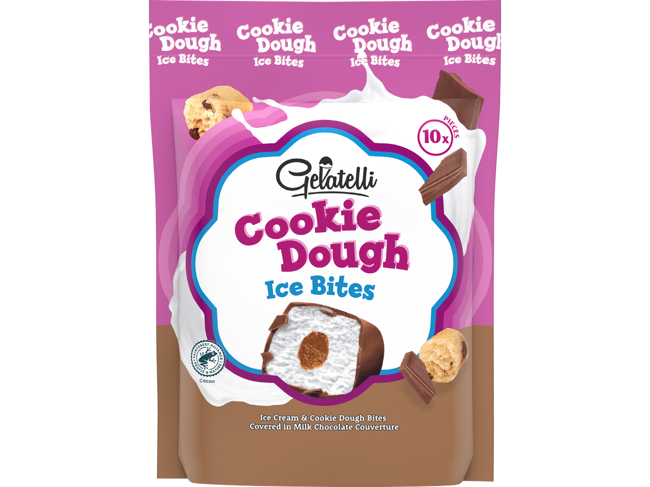 Gelatelli Cookie Dough Ice Bites: 10 bitar glass med kakdeg, doppad i mjölkchoklad.