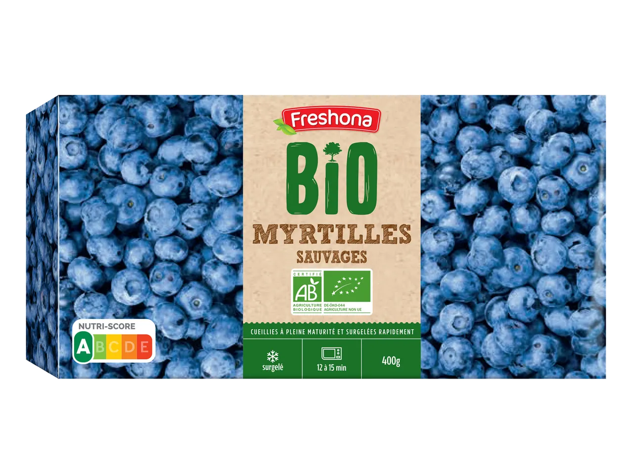 Paquet de myrtilles sauvages bio surgelées avec Nutri-Score A.