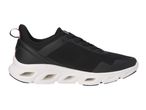 Black and white athletic shoe with pink accents and a textured sole.
