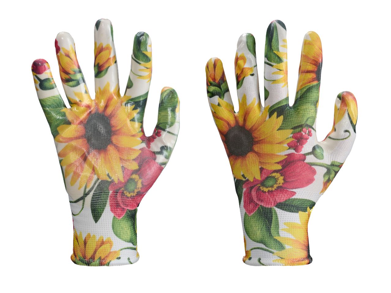 Guanti da giardinaggio con stampa floreale di girasoli e rose.