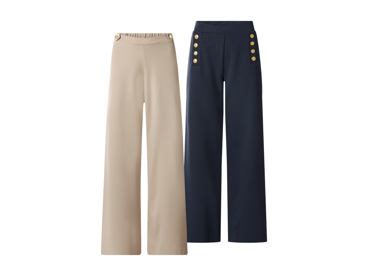 Dvoje ženskih hlača širokih nogavica: jedne bež s gumbima na pojasu i jedne tamnoplave s ukrasnim gumbima.