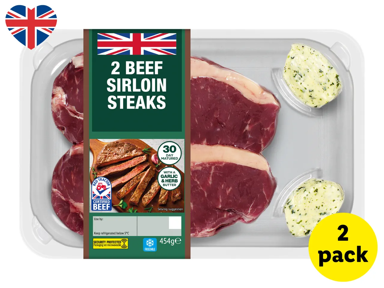 Two beef sirloin steaks with garlic and herb butter, 30-day matured, 454g, 2-pack.