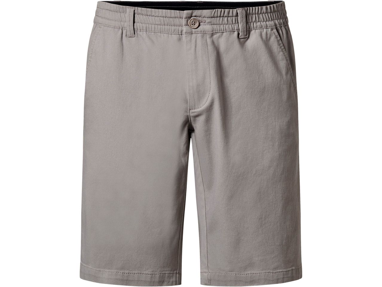 Gray men's casual shorts with an elastic waistband and button closure.