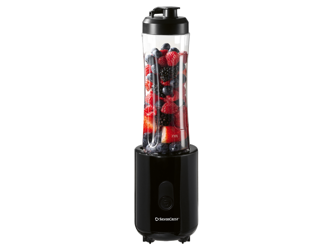 Um liquidificador pessoal SilverCrest cheio de frutos vermelhos mistos.
