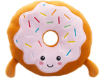 A plush donut toy with pink frosting, colorful sprinkles, and a cute smiling face.