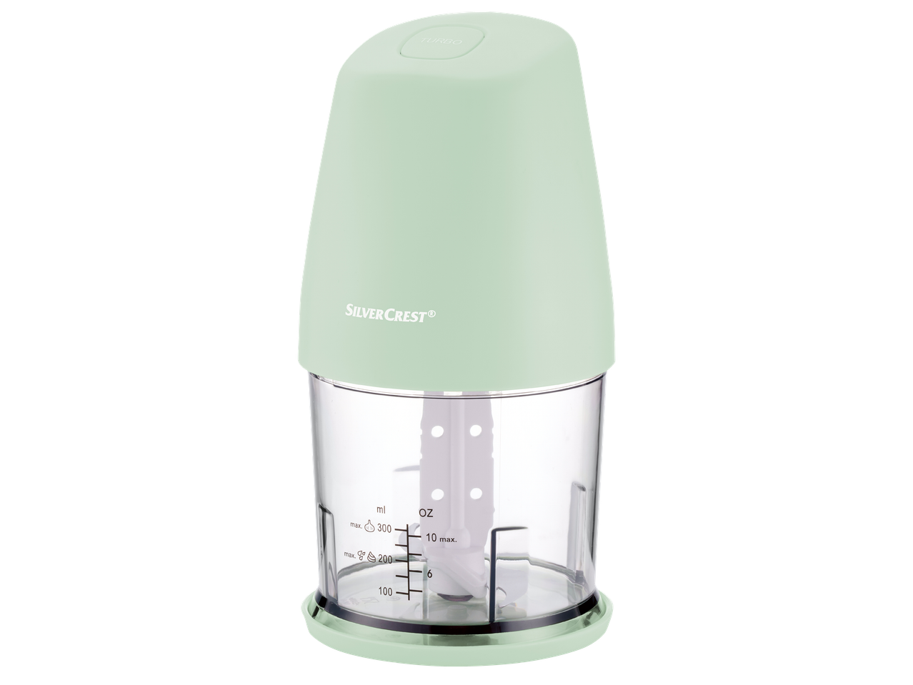 Мини чопър Silvercrest® в ментов цвят с прозрачна купа за измерване.