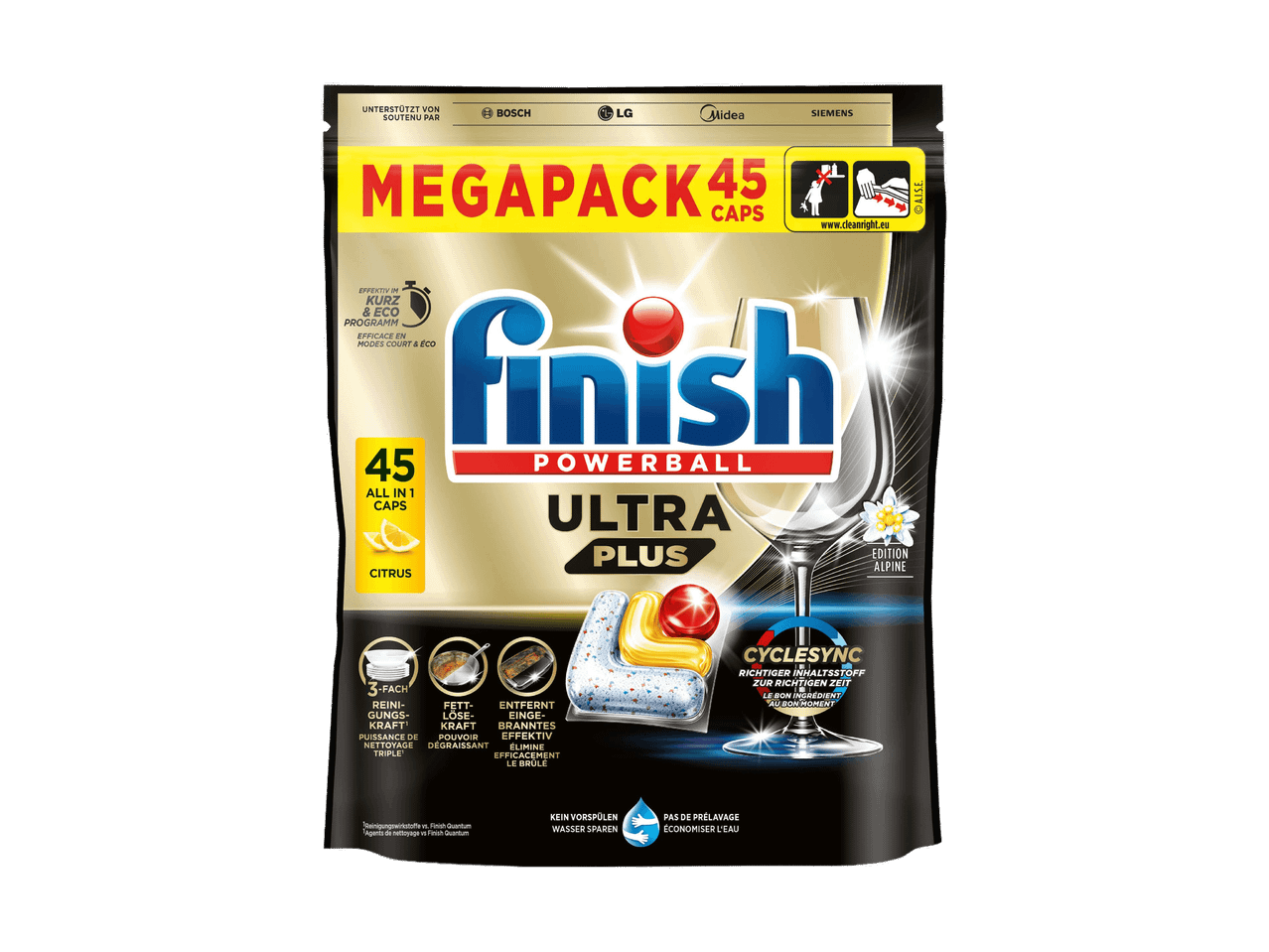 Packung mit 45 Geschirrspülkapseln, mit Fettlöse- und Eingebranntes-entfernender Kraft.