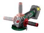 Cordless angle grinder with adjustable auxiliary handle shown in three positions