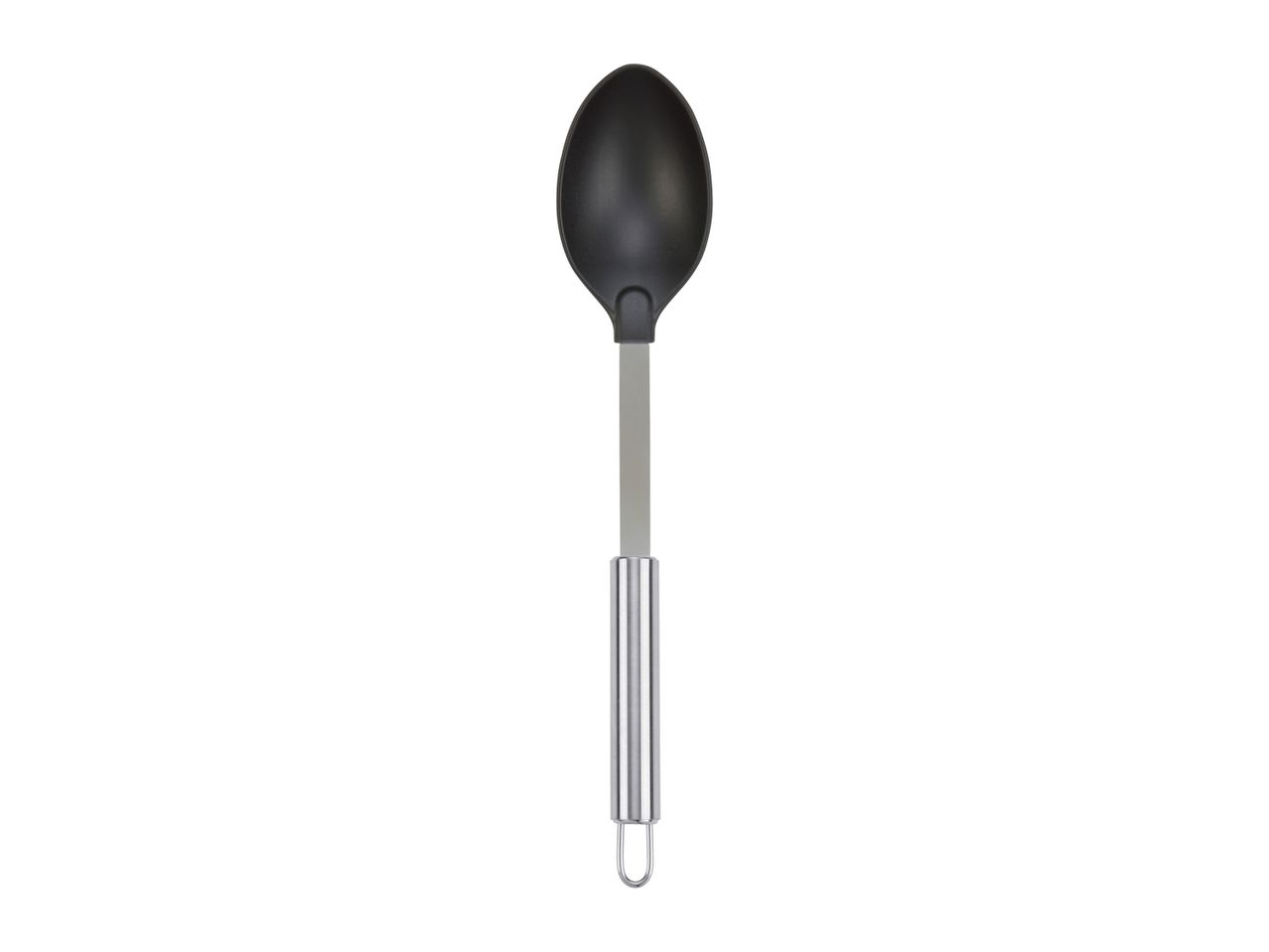 A black nylon slotted spoon with a stainless steel handle.