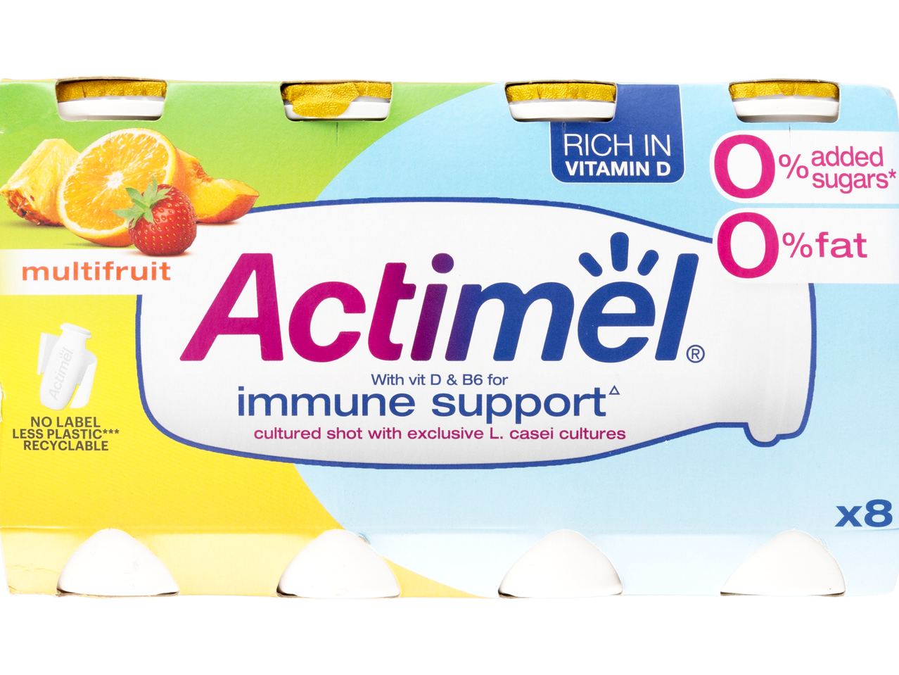8 Actimel multifruit yogurts, 0% fat and added sugar.