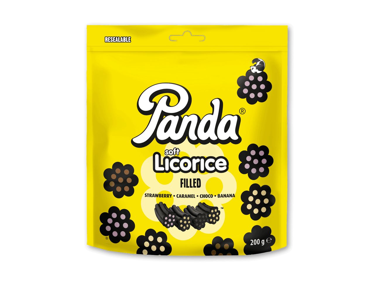 Gul pose med blød lakrids fyldt med jordbær, karamel, chokolade og banan.