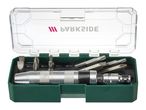 Impact driver set with various screwdriver bits in a green and clear plastic case.