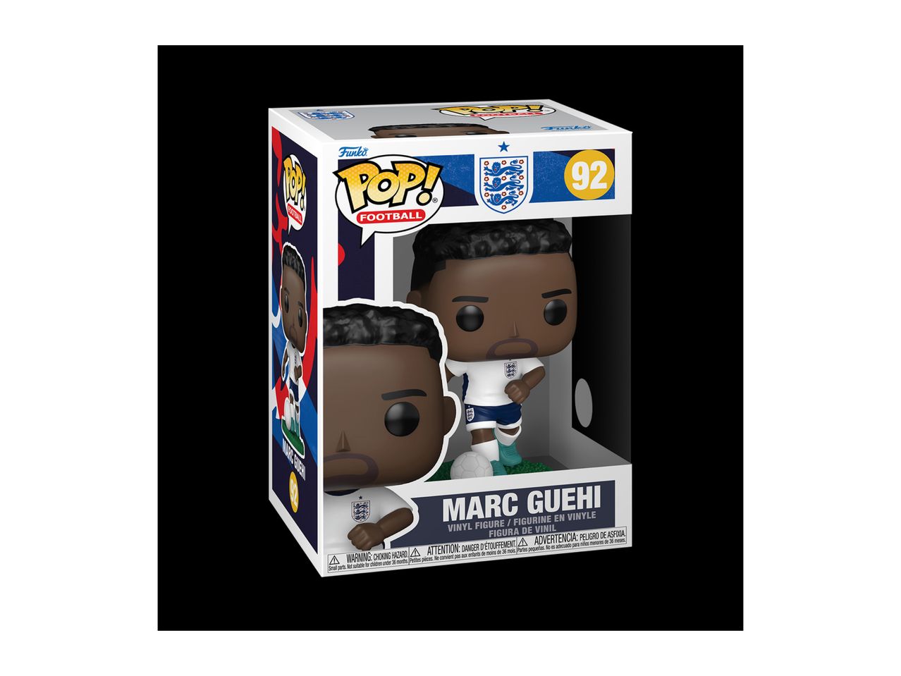 Football player collectible figure in a box, featuring a dark-skinned player in a white and blue uniform.