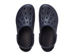 Pair of dark blue clogs with ventilation holes and textured footbeds.