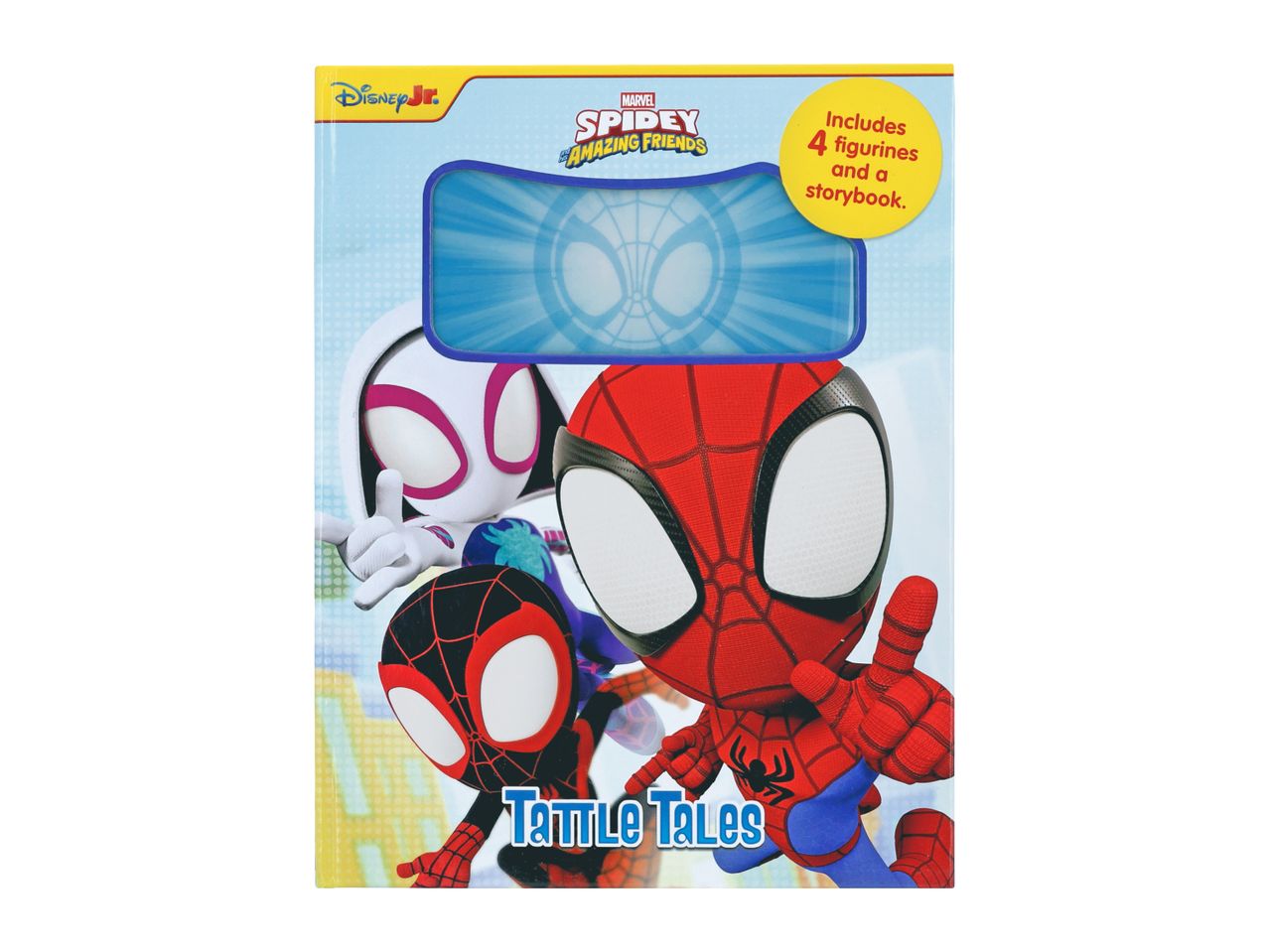 Spidey and His Amazing Friends storybook with 4 figurines, featuring Spider-Man, Ghost-Spider, and Spin.