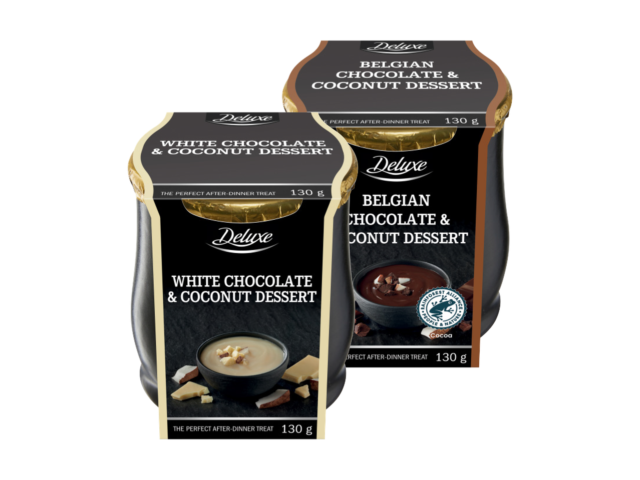 Dva deserta od čokolade i kokosa, jedan sa belom čokoladom, drugi sa belgijskom čokoladom.