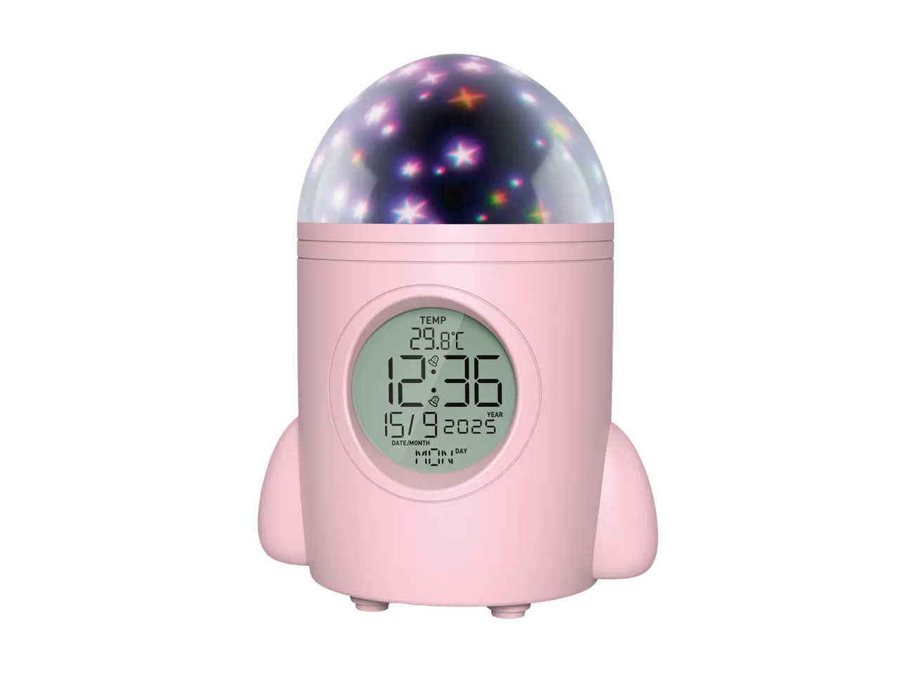 Despertador infantil TRONIC rosa em forma de foguete com display digital e projetor de estrelas.