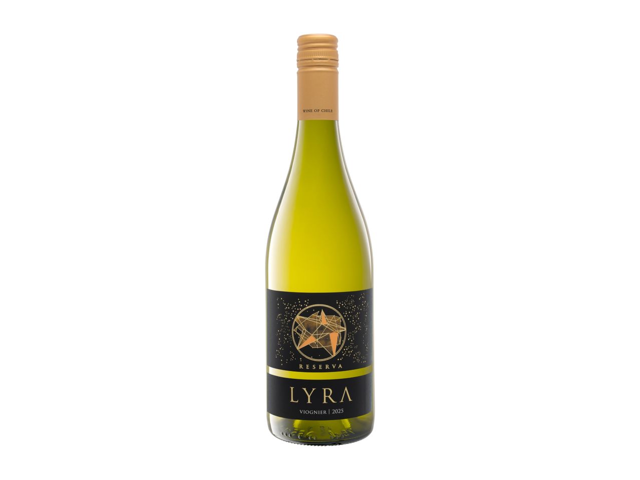 White wine bottle with a black and gold geometric label, featuring a star design.