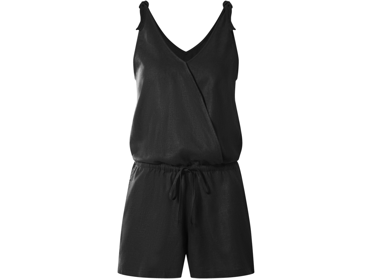 Macacão preto feminino com decote em V e cordão na cintura.
