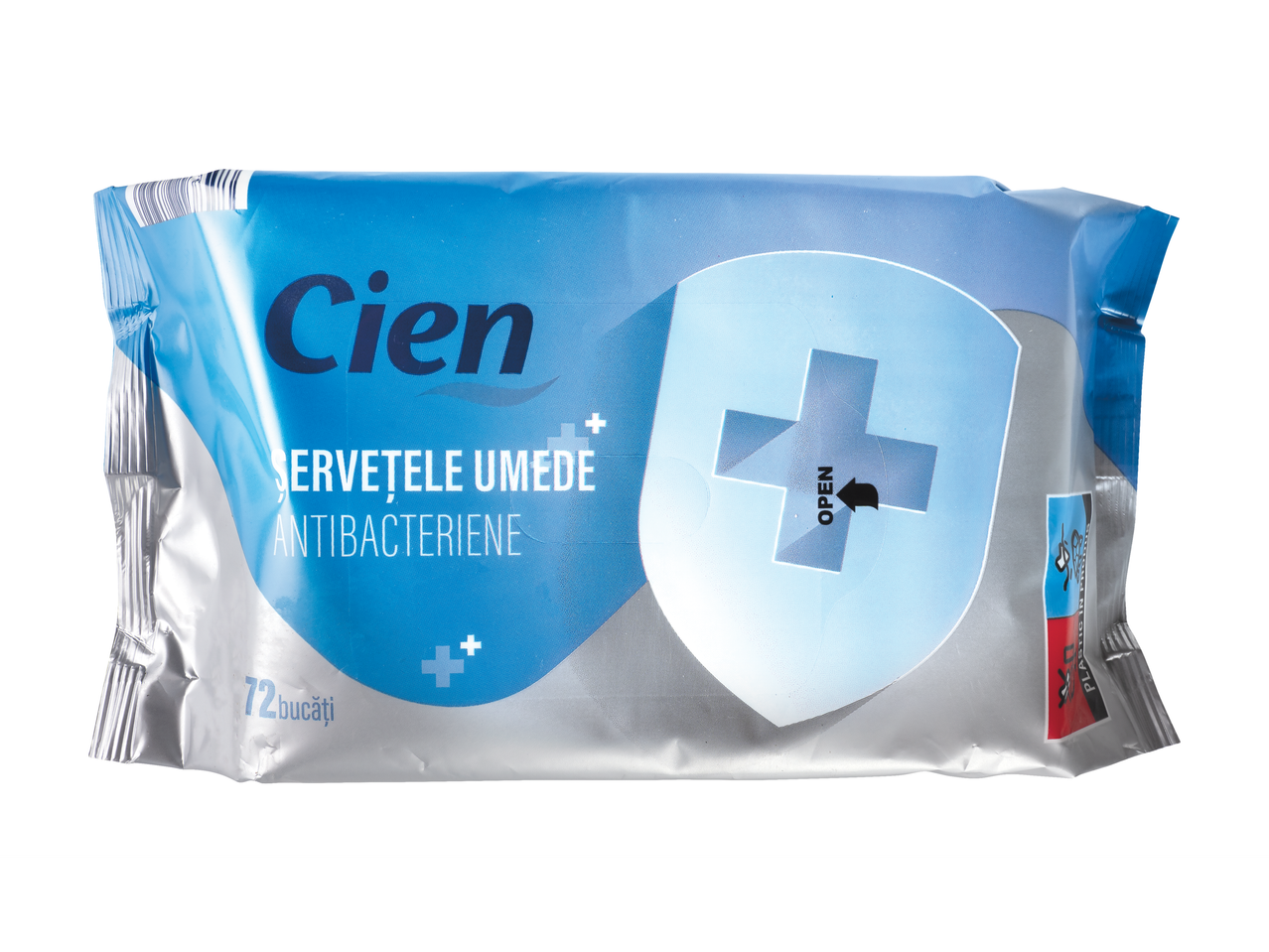 Un pachet de șervețele umede antibacteriene Cien, cu 72 de bucăți.