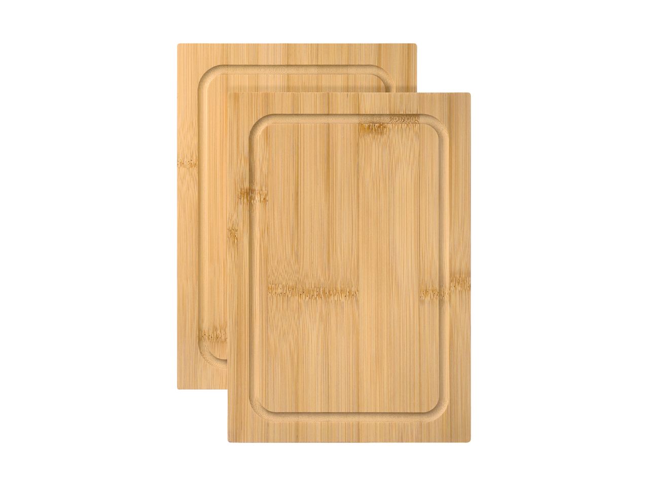 Two light brown bamboo cutting boards with juice grooves, stacked on a white background.