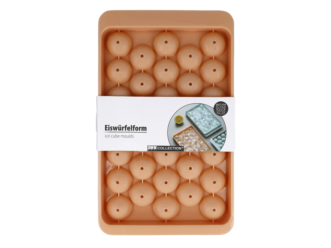 Форма за лед с кръгли отделения в бежов цвят, с етикет „Eiswürfelform ice cube moulds“.