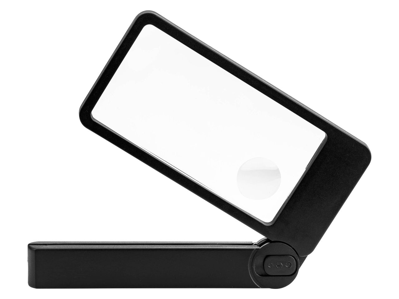 Lente d'ingrandimento rettangolare nera con lente rotonda integrata e base pieghevole.