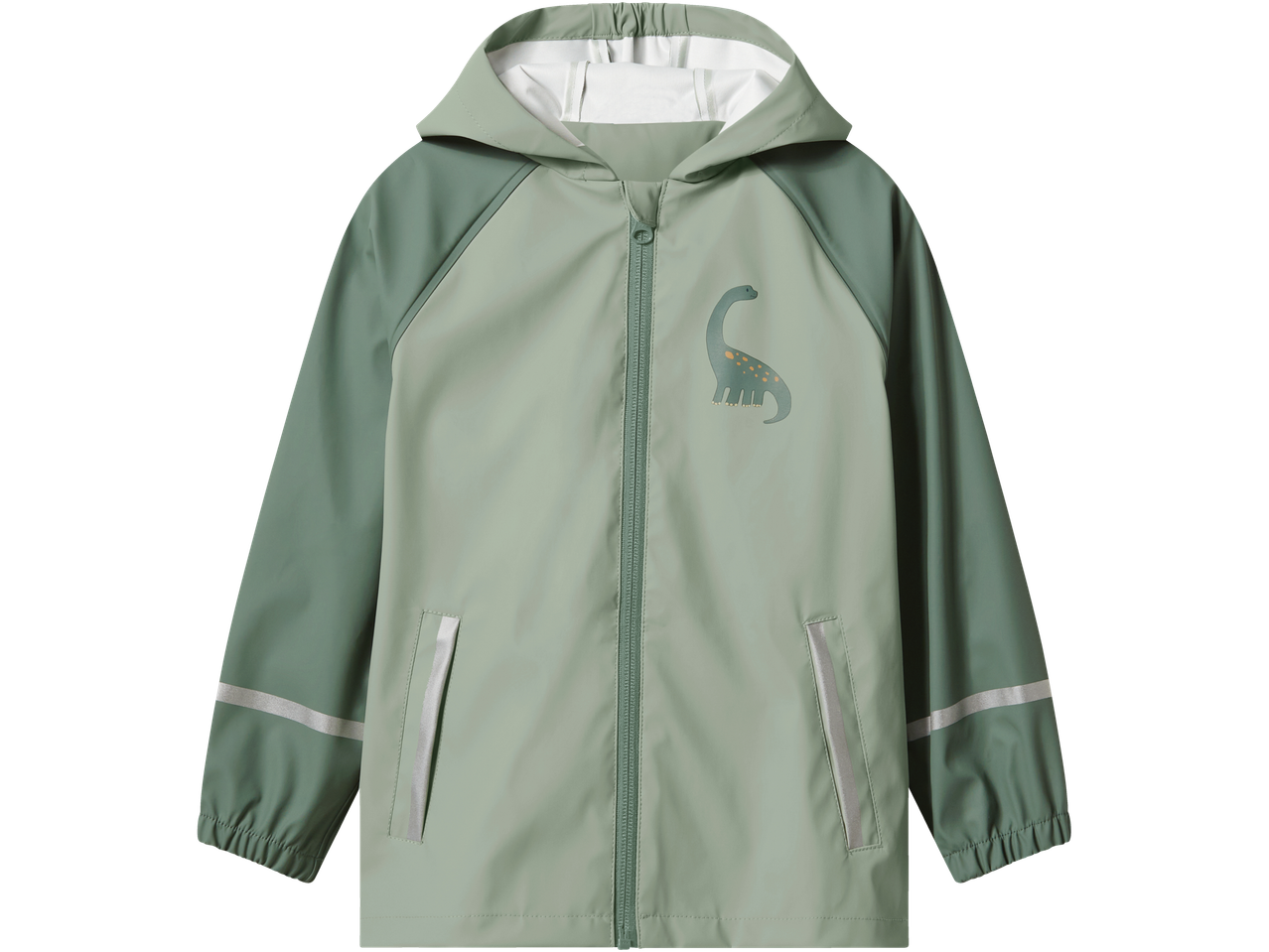 Lupilu® mazuļu lietus jaka divos zaļos toņos ar dinozaura apdruku.
