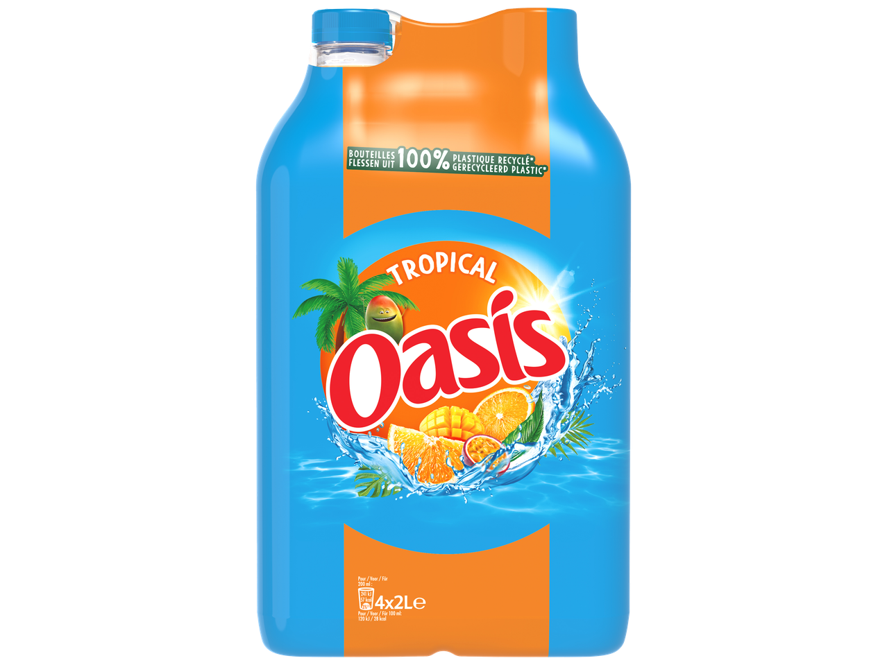 Bouteille de boisson tropicale avec des fruits et des éclaboussures d'eau, 100% plastique recyclé.