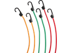 Vijf gekleurde elastische koorden in oranje, groen en rood met zwarte haken.