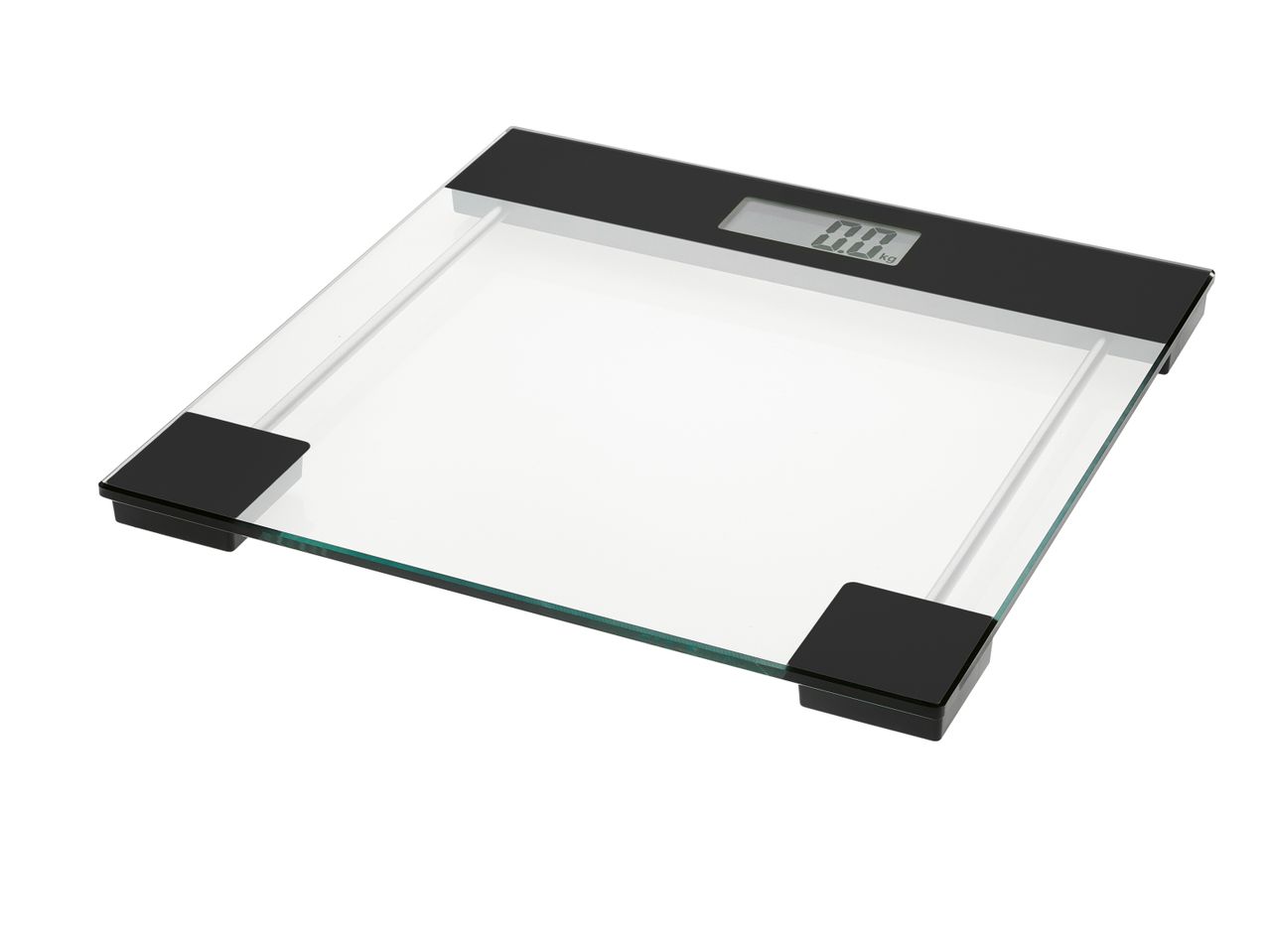 A black and clear glass bathroom scale.