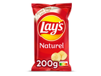 Rode zak chips met de tekst 'Great Taste Less Salt' en 'Naturel', 200g, Nutri-Score C.