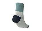Single sock with teal, white, and dark blue color blocks.