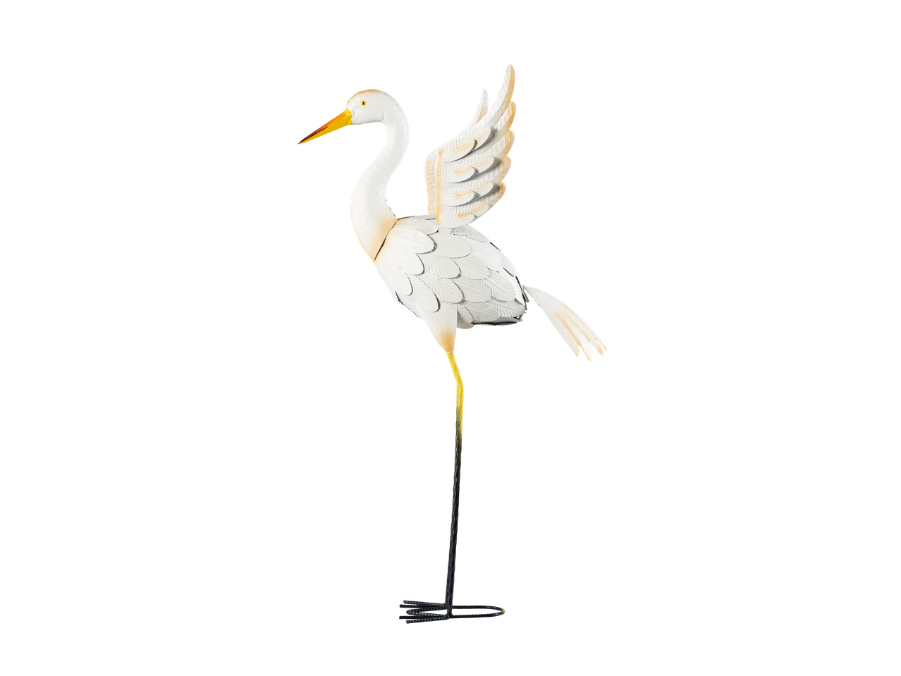 Sculpture de héron en métal blanc.