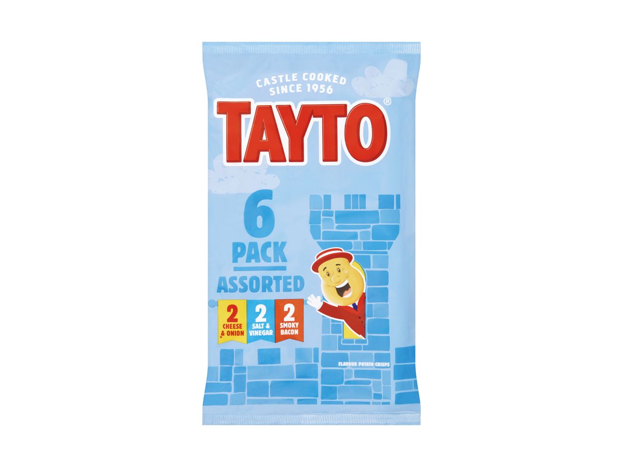 Tayto 6-pack assorted flavour potato crisps: 2 cheese & onion, 2 salt & vinegar, 2 smoky bacon.