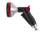 Black and red garden spray gun with a silver nozzle and a quick connector.