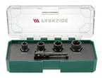 A set of four black bolt extractor sockets (8mm to 15mm) and an adapter in a green and clear case.