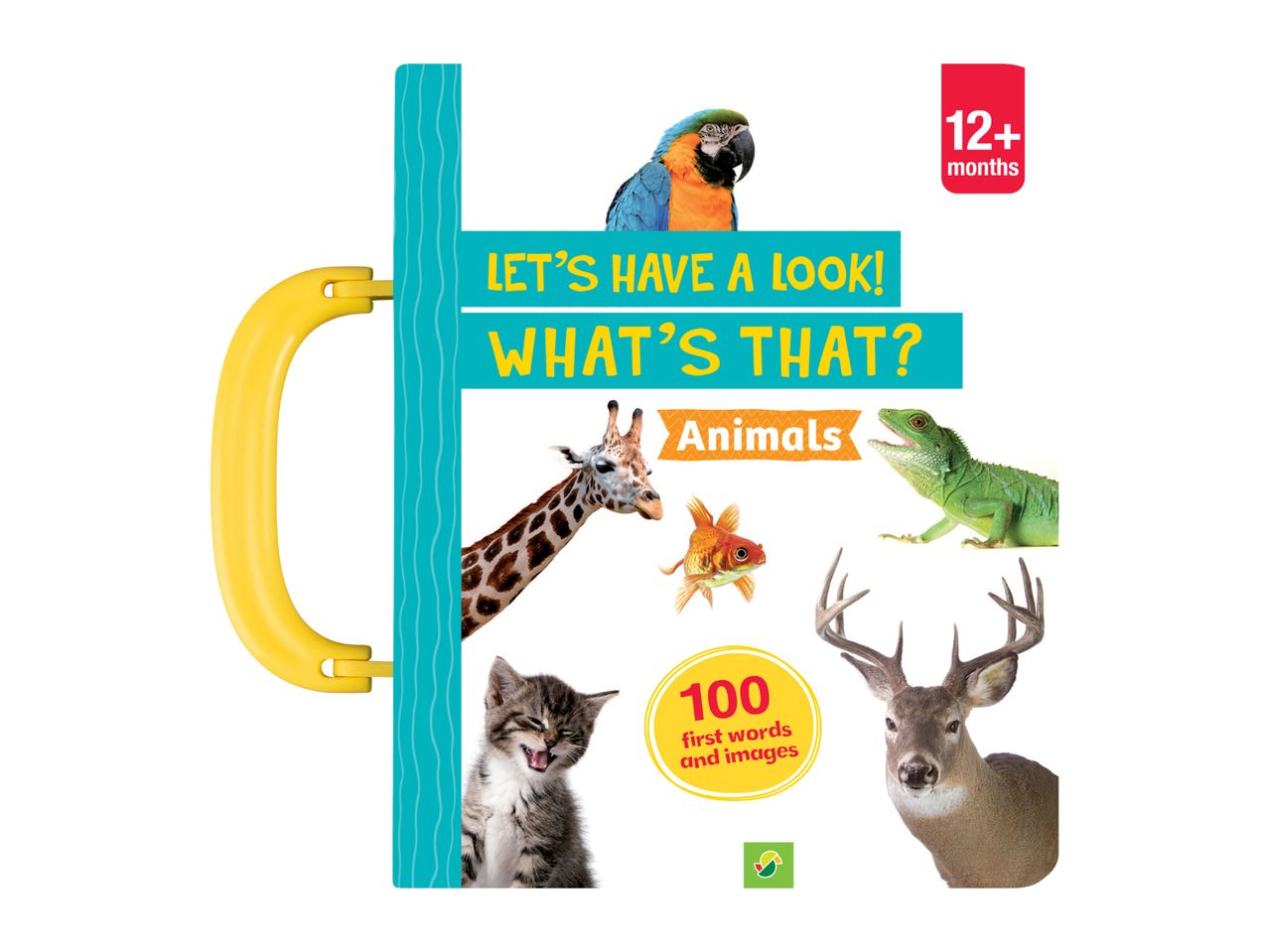 Children's book with a handle, featuring various animals and text: 'Let's Have a Look! What's That? Animals'
