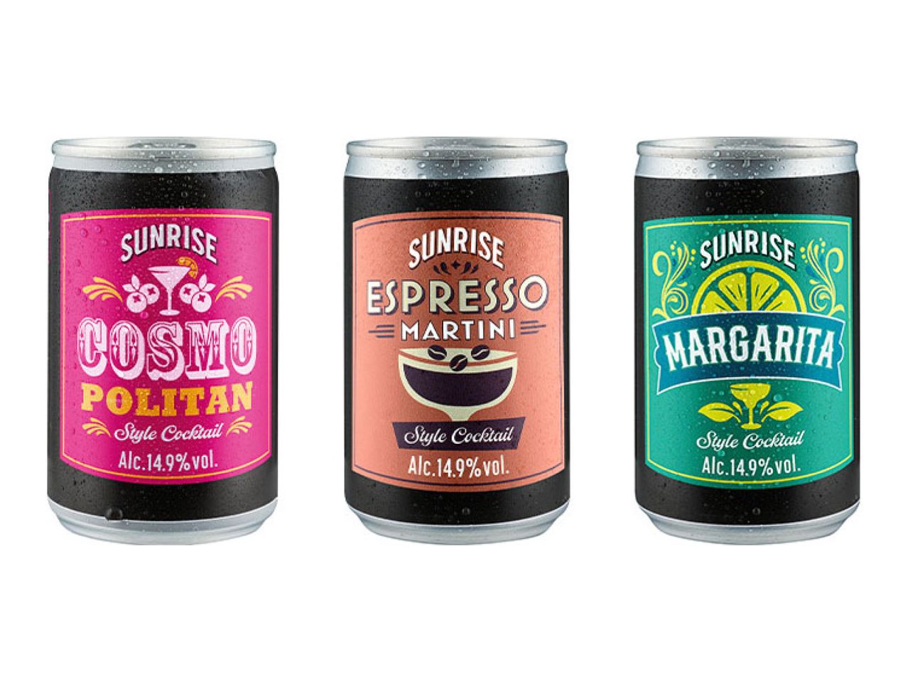 Three canned cocktails: Cosmopolitan, Espresso Martini, and Margarita, all 14.9% alcohol.