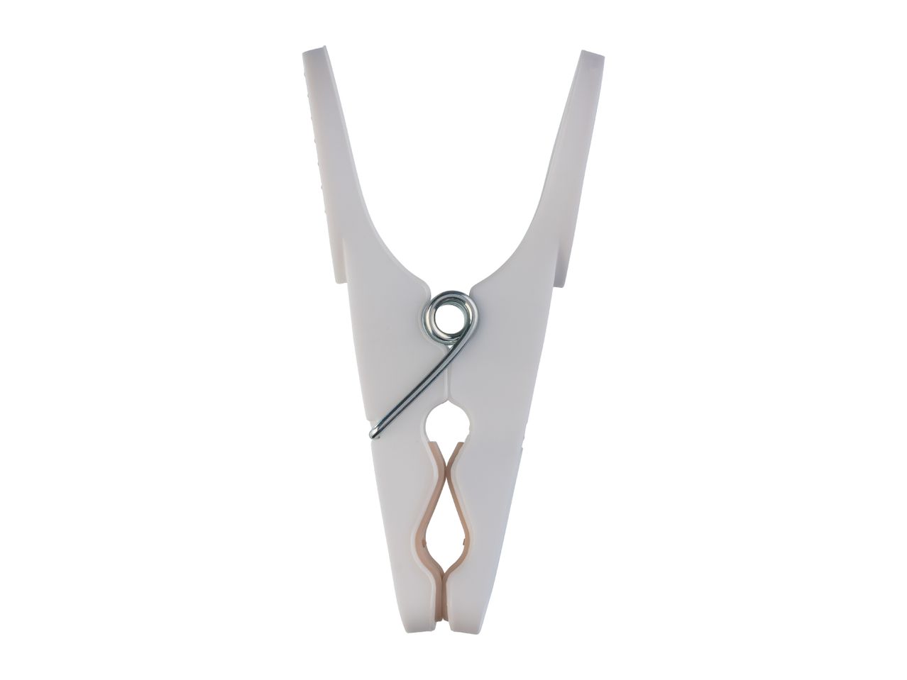 A single white plastic clothes peg with a metal spring, isolated on a white background.
