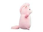 Pink unicorn plush toy with a fluffy mane and tail, viewed from the side.