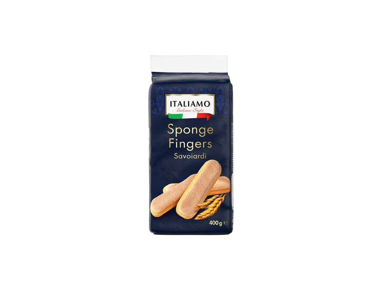 Italiamo Savoiardi Sponge Fingers, 400g package, with Italian flag branding.