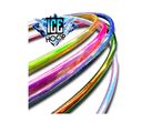 Colorful, iridescent hula hoops with an 'ICE HOOP' logo, arranged in a dynamic curve.
