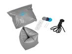 Grey inflatable boat repair kit with patches, glue, and rope.