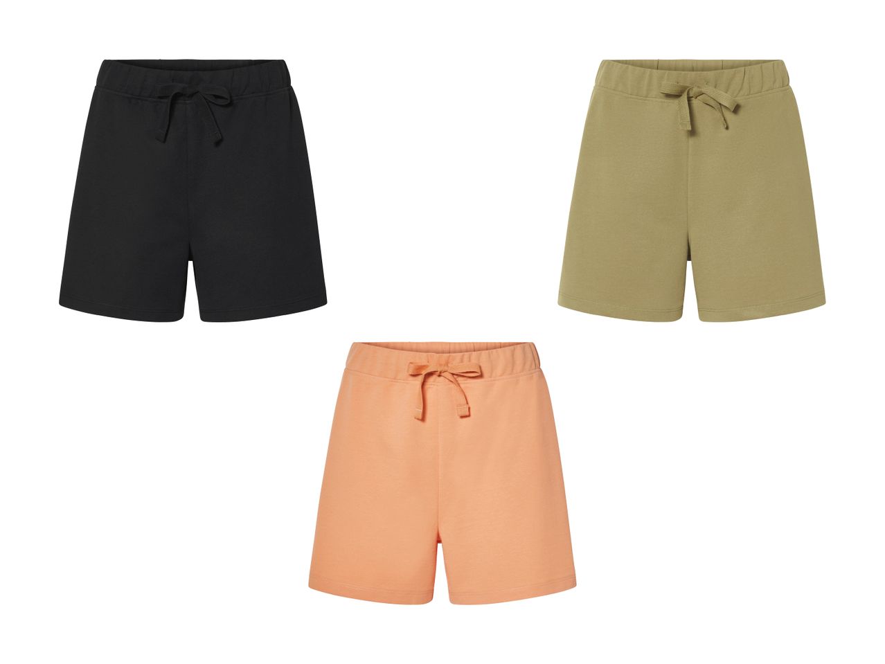 Tre par løse sweatshorts i sort, olivengrøn og fersken.