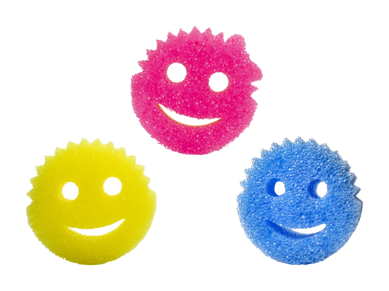 Tre farverige smiley-formede skuresvampe i pink, gul og blå.
