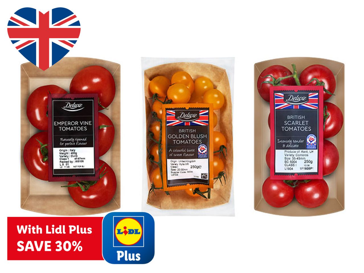 Three packs of tomatoes, two red and one golden, with a Union Jack heart and a 'Save 30% with Lidl Plus' offer.