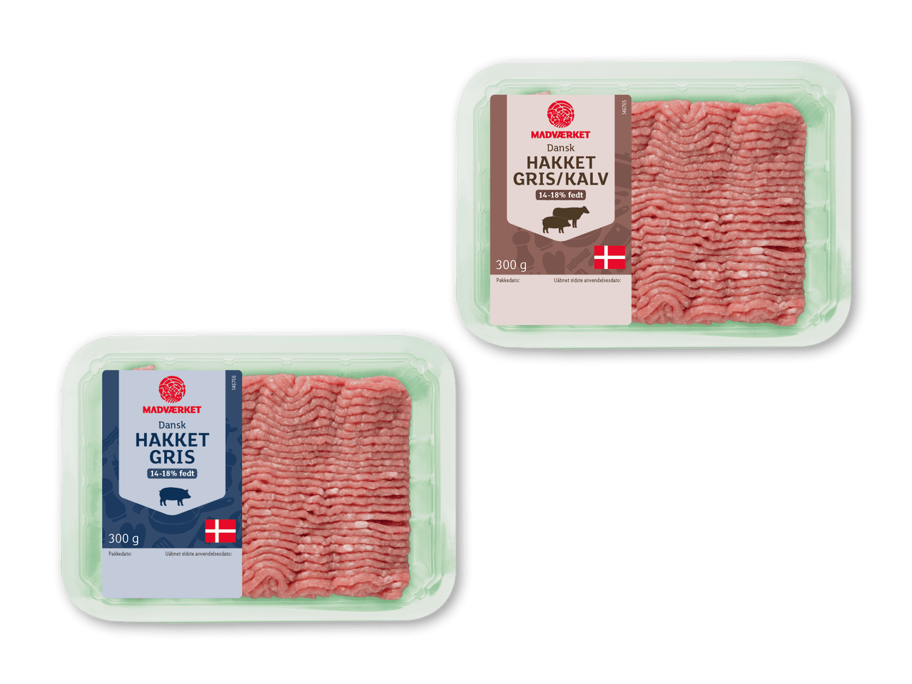 To pakker hakket kød, en med hakket gris og kalv, og en med hakket gris, begge med 14-18% fedt.