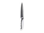 A gray and white handled kitchen knife.